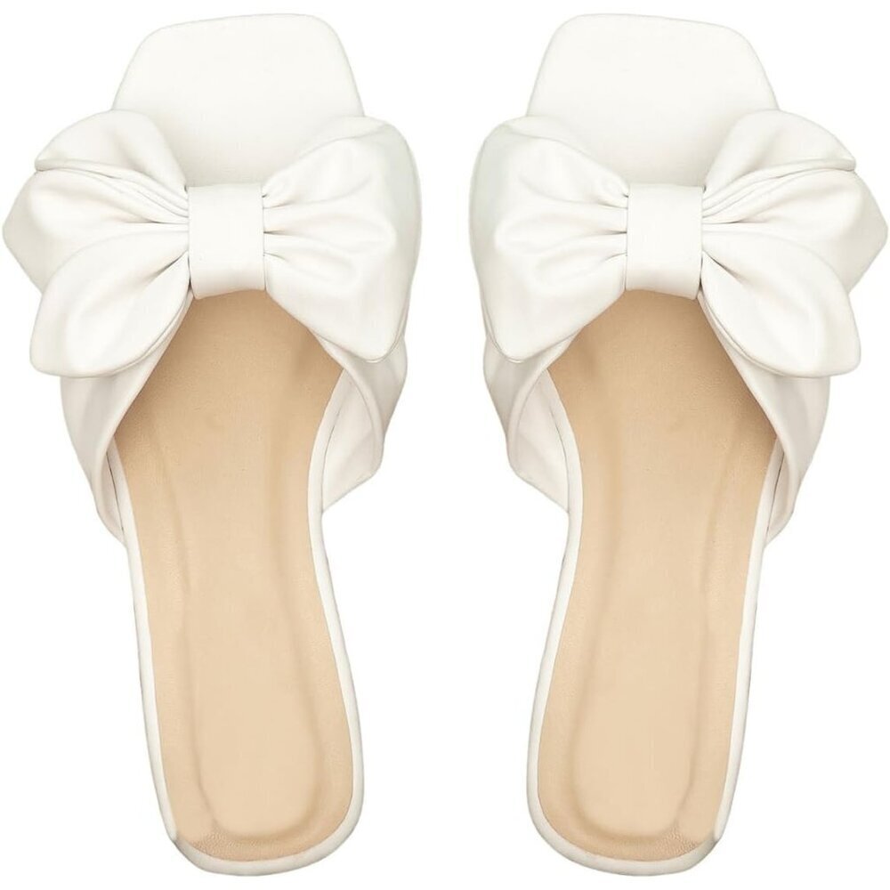 Women's Bow White Square Open Toe Breathable Slip On Slide Sandals Flat Shoes